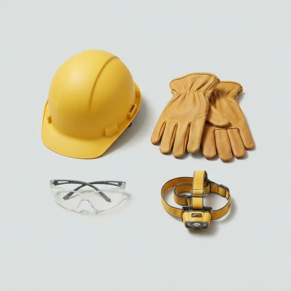 Capacete, luvas de couro, óculos e lanterna de cabeça. Ilustração da categoria, não do anúncio.