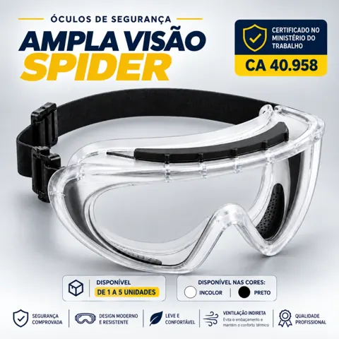 Foto do anúncio: Óculos de Segurança Ampla Visão Spider Sobre Óculos EPI Incolor Policarbonato Com Elástico CA Antirisco UV Anti Impacto