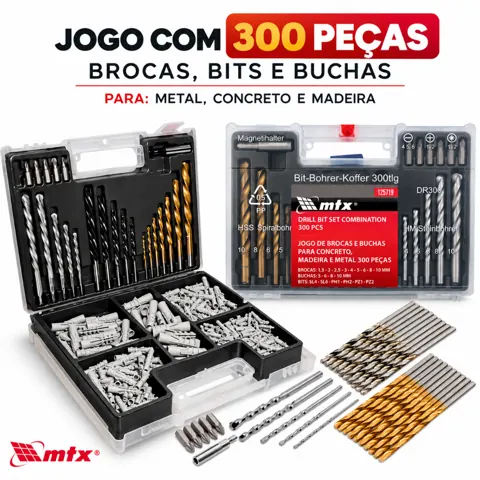 Foto do anúncio: Jogo de Brocas, Bits e Buchas c/ 300 Peças p/ Concreto, Madeira e Metal + Maleta Mtx 725779