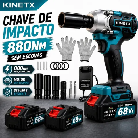 Foto do anúncio: Chave de Impacto KINETX Sem Escova 68VF 880Nm 2 Baterias Com Acessórios Completos 3 e 1 Furadeira e Chave Inglesa Bivolt