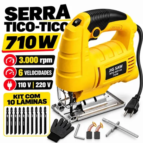 Foto do anúncio: Serra Tico-Tico 710W 6 Velocidades 3000rpm 110V ou 220V Motor de Cobre Corte: Madeira 65mm/Aço 10mm Soprador/Aspiração