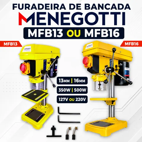 Foto do anúncio: Furadeira de Bancada Menegotti MFB13 MFB16 350W 500W Madeira Metal Profissional 127V 220V 13mm 16mm