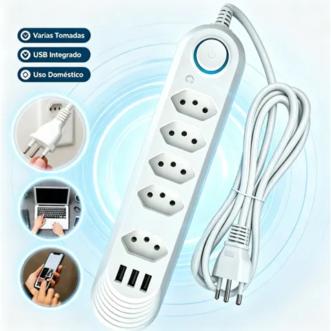 Foto do anúncio: Extensão 6 Tomadas com 3 USB e TypeC Universal Bivolt 110v/220v 2500W Power 2m Filtro De Linha Segurança