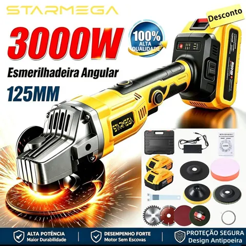 Foto do anúncio: STARMEGA Esmerilhadeira Lixadeira Angular Profissional 125MM Brushless 18000RPM 2 Bateria 3000W