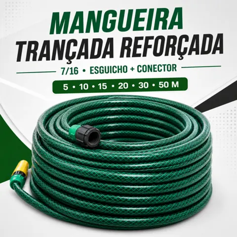 Foto do anúncio: Mangueira de Jardim Trançada Reforçada 7/16 Verde com Esguicho e Conector 5 a 50m