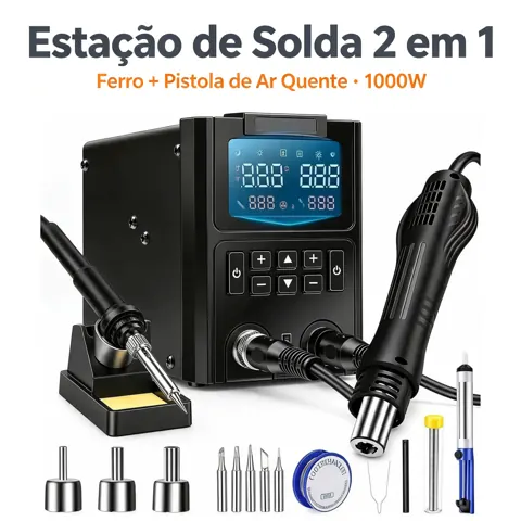 Foto do anúncio: Estação de Solda 2 em 1 1000W Ferro Soldar Pistola Ar Quente Digital Sleep Automático Temperatura Ajustável Kit Completo