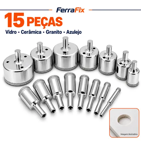 Foto do anúncio: Kit 15 Brocas Serra Copo Diamantadas 6-50mm para Vidro Cerâmica Azulejo Granito FerraFix