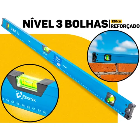Foto do anúncio: Nível De Alumínio 120cm 3 Bolhas Profissional Bramix Régua De Prumo Medição Nivelamento Construção