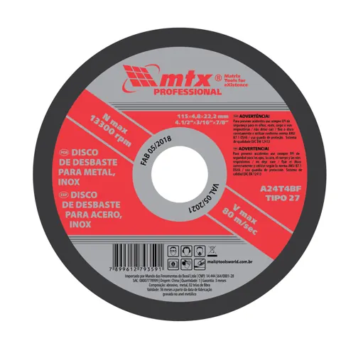 Foto do anúncio: DISCO DE DESBASTE, PARA METAL, 115 X 4,8 X 22,23MM, 1PC // MTX