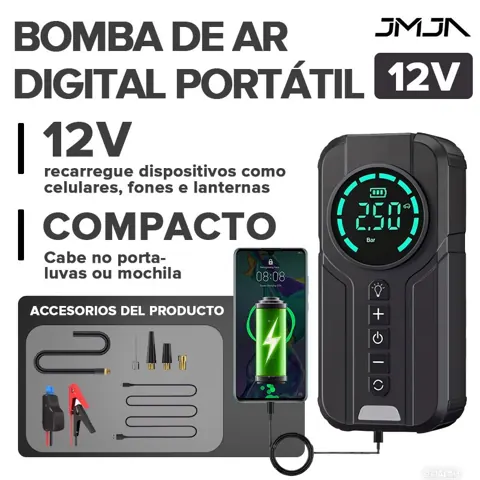 Foto do anúncio: JMJN Compressor de Ar Portátil 7 em 1 com Power Bank 8000mAh Bomba Inflador 12V Calibrador Digital para Carro Moto Bike
