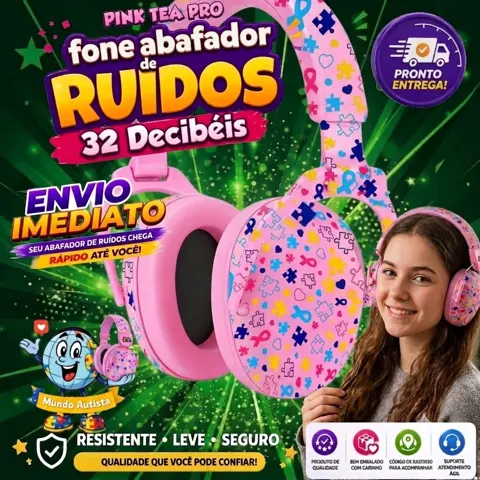 Foto do anúncio: Abafador PINK TEA 32DB Autismo Fone Protetor de Som Ouvido Auricular Ruido Confortavel Tdah Autista