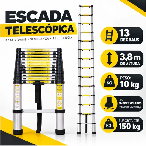 Foto do anúncio: Escada de Aço e Alumínio Telescópica 13 Degraus 3,8m