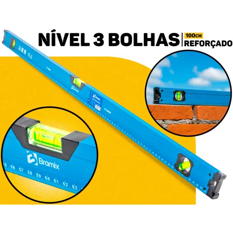 Foto do anúncio: Nível De Alumínio 100cm 3 Bolhas Profissional Bramix Régua De Prumo Medição Nivelamento Construção