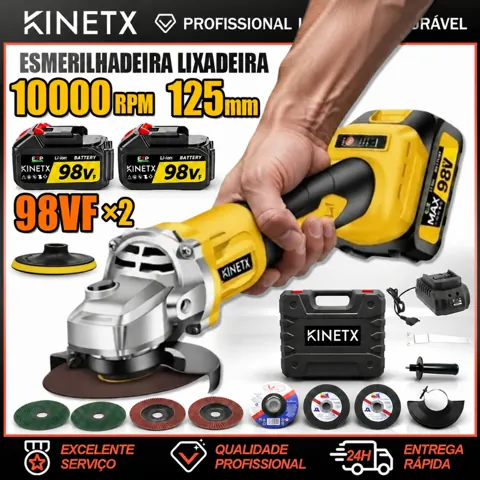 Foto do anúncio: Esmerilhadeira Lixadeira Angular Profissional Elétrica Sem Fio 2 Baterias 1000W 125mm Motor Brushless Maleta | KINETX
