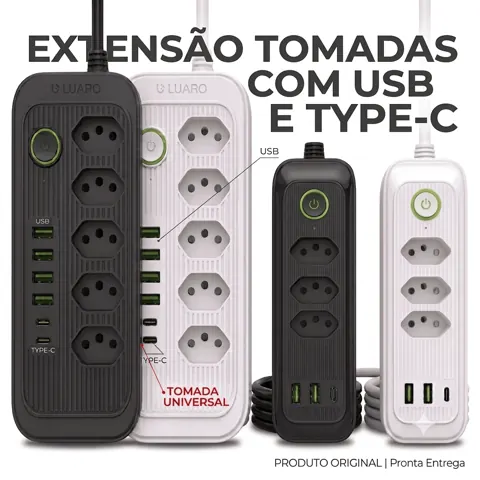 Foto do anúncio: Extensão Tomadas com USB e TypeC Universal Bivolt 110v-250v 2500W Power 2m Filtro De Linha Segurança