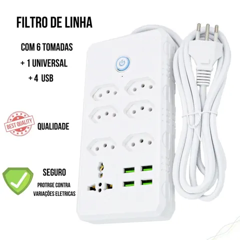 Foto do anúncio: Régua Filtro de Linha com 7 Tomadas Extensão Elétrica 1 Universal 4 USB Bivolt 10A 110v/220v Cabo de 2 Metros Seguro e confiável