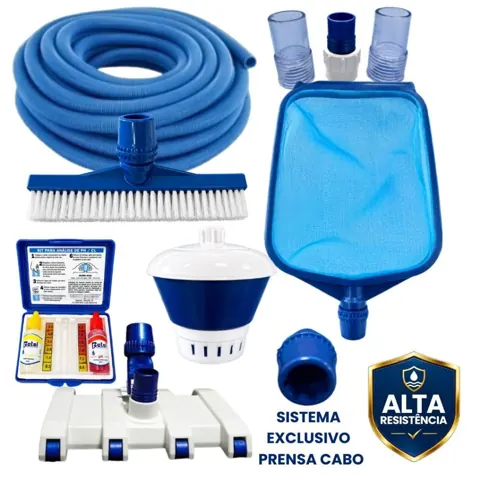Foto do anúncio: Kit Limpeza Piscina Premium Mangueira Peneira Rodo Escova Reta Clorador M Estojo PH/CL Fibra Vinil Alvenaria