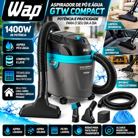 Foto do anúncio: Aspirador Pó e Água Potente 1400w Soprador Pequeno Portatil Barril 5,5 Litros Wap