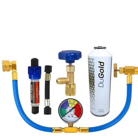 Foto do anúncio: KIT MANIFOLD PARA RECARGA AR CONDICIONADO AUTOMOTIVO COMPLETO COM SELANTE TAPA FUGAS