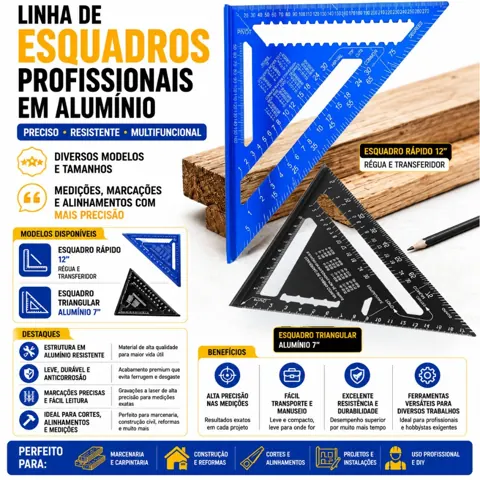 Foto do anúncio: Esquadro Rápido Alumínio Régua Transferidor Profissional Carpintaria Marcenaria 12 ou 7 Polegadas