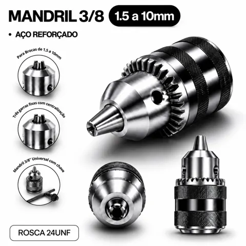 Foto do anúncio: Mandril para Furadeira Profissional 3/8 com Chave 10mm Universal Alta Resistência Aço Reforçado