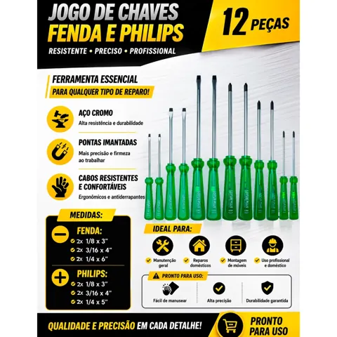 Foto do anúncio: Kit Jogo Chave De Philips E Fenda com 6 ou 12 peças De Aço Profissional Imantadas Reforçadas