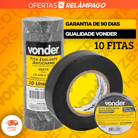 Foto do anúncio: 10 Fita Isolante Vonder Profissional Antichamas Rolos Adesiva Preta Original