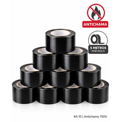 Foto do anúncio: Fita Isolante Preta Kit 10 Rolos 5m Antichama 750V Alta Aderência para Instalação Elétrica Profissional