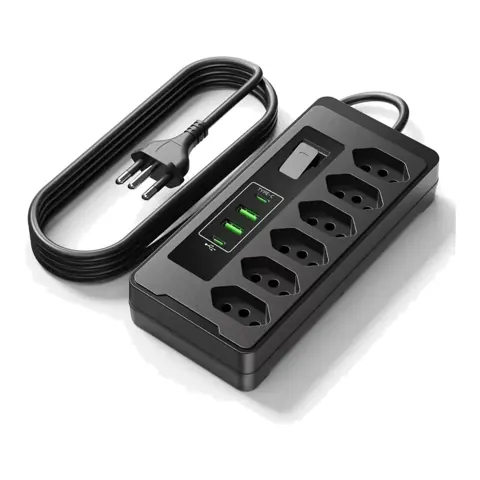 Foto do anúncio: Filtro de Linha 6 Tomadas 4 USB (2 USB-C PD + 2 USB-A) DPS Régua Extensão 2500W Bivolt Cabo 2m Proteção Sobrecarga Preto