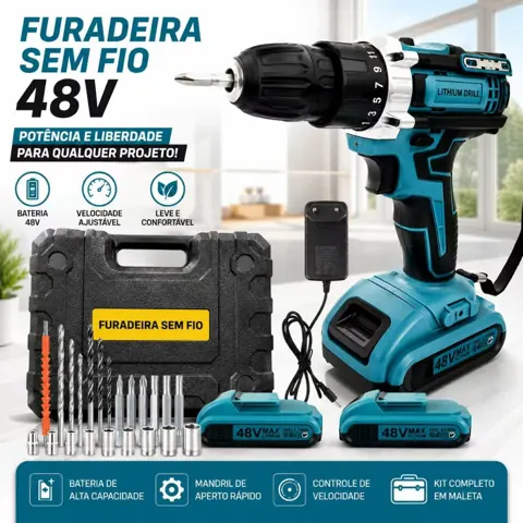 Foto do anúncio: Parafusadeira Furadeira Sem Fio 48V, Kit com 2 OU 1 Bateria, Carregador Bivolt e Maleta de Transporte OU caixa de papelã