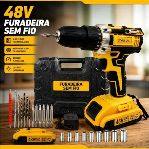 Foto do anúncio: Parafusadeira Furadeira Sem Fio 48V - Bivolt, 2 OU 1Bateria, Maleta de Transporte para Uso Doméstico e Profissional