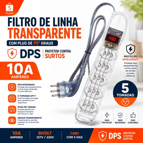 Foto do anúncio: Filtro de Linha 5 Tomadas DPS Transparente protetor contra surtos elétricos 1 metro Plug 90 Graus