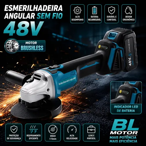Foto do anúncio: Esmerilhadeira Angular com 2 Baterias Sem Fio 125mm Brushless 48V LED Indicador de Carga