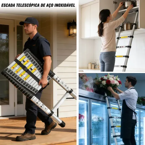 Foto do anúncio: Escada Telescópica De Aço Inoxidável Multifuncional 2,6m–5,1m Extensível Portátil Antiderrapante
