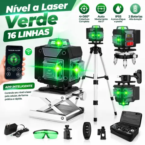 Foto do anúncio: Nível Laser Verde 16 Linhas 4x360° Autonivelante, Tela Digital, Controle App + Tripé 1,2m e 2 Baterias