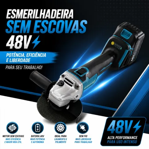 Foto do anúncio: Esmerilhadeira Angular 48V Litio Sem Fio Brushless 2 Baterias 4 OU 3 Velocidades Ajustáveis