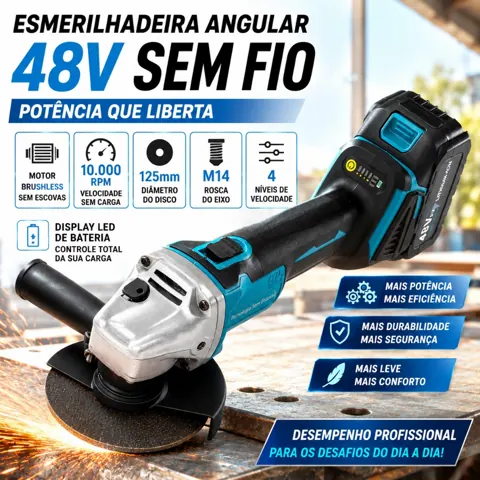 Foto do anúncio: Esmerilhadeira Angular 4 Velocidades Sem Fio 125mm Brushless 48V Litio 2 Baterias LED