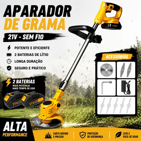 Foto do anúncio: Roçadeira Aparador Cortador de Grama Profissional Sem Fio C/ 2 Baterias 21v e Acessórios