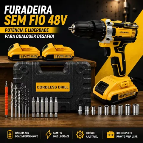 Foto do anúncio: Parafusadeira Furadeira Sem Fio 48V - Carregador Bivolt 110/220V Kit com 1 OU 2 Bateria e Maleta OU caixa de papelão