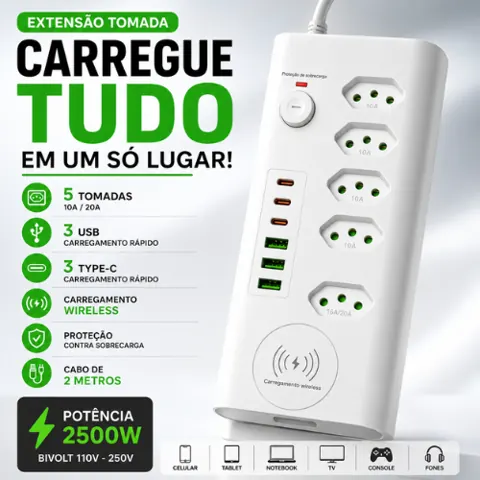 Foto do anúncio: Extensão Tomada 5 Entradas 3 USB 3 Type-C Carregador Wireless Filtro de Linha Cabo 2m Proteção Bivolt USB Rápido 20A+