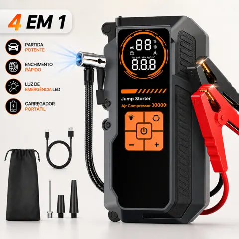 Foto do anúncio: Auxiliar de Partida Veicular 3000A com Compressor de Ar Portatil 150 PSI e Carregador 8000mAh para Carros e Motos e SUVs