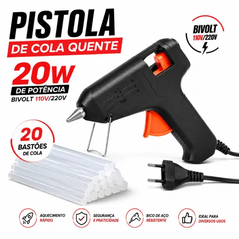 Foto do anúncio: Pistola de Cola Quente Pequena 20W (Bivolt 110V/220V) – Bico de Ferro + 20 Bastões de Cola