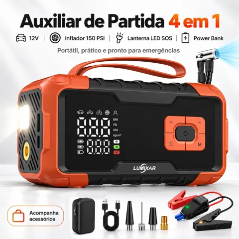 Foto do anúncio: Kit Auxiliar Partida 4 em 1 26800mAh 150PSI Compressor Ar Power Bank Lanterna Carregador 12V Portatil Veicular