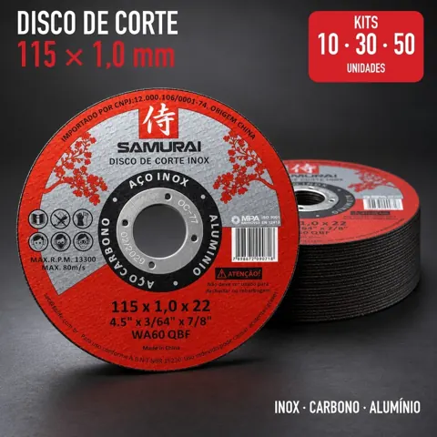 Foto do anúncio: Kits 10 a 50 Discos de Corte Fino Inox Aço Ferro Metal 115mm 4.1/2 x 1,0mm Esmerilhadeira Samurai