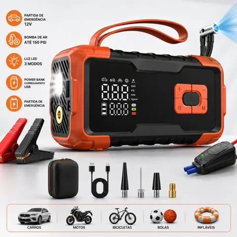 Foto do anúncio: 4 em 1 Auxiliar de Partida 26800mAh 150PSI Compressor Ar Portatil Power Bank Lanterna Carregador Bateria 12V Carro Moto