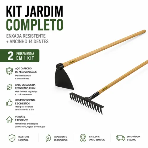 Foto do anúncio: Kit Enxada Resistente + Ancinho 14 Dentes Cabo 1,20m Jardim Horta Agricultura Construção Paraboni