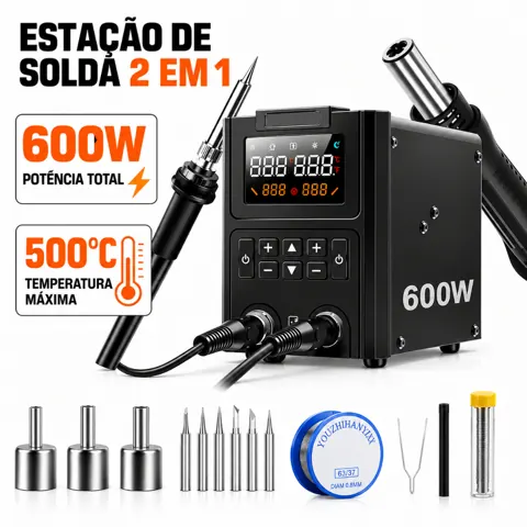 Foto do anúncio: Estação de Solda e Retrabalho 2 em 1 600W Profissional com Ar Quente, Ferro de Solda, LED Duplo e 10 Acessórios
