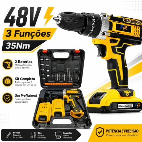 Foto do anúncio: Furadeira Parafusadeira Impacto de Elétrica Sem Fio 48V 2 Baterias 3 funções Kit Completo Acessórios