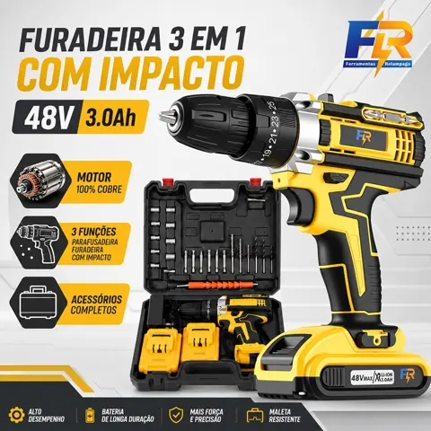 Foto do anúncio: Parafusadeira Furadeira de Impacto 48V Sem Fio 2 Baterias 3 Funções com Maleta e Acessórios Kit Completo