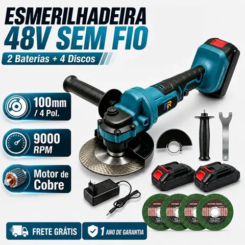 Foto do anúncio: Esmerilhadeira Angular Sem Fio 48V 100mm 9000RPM com 1 ou 2 Baterias e 4 Discos